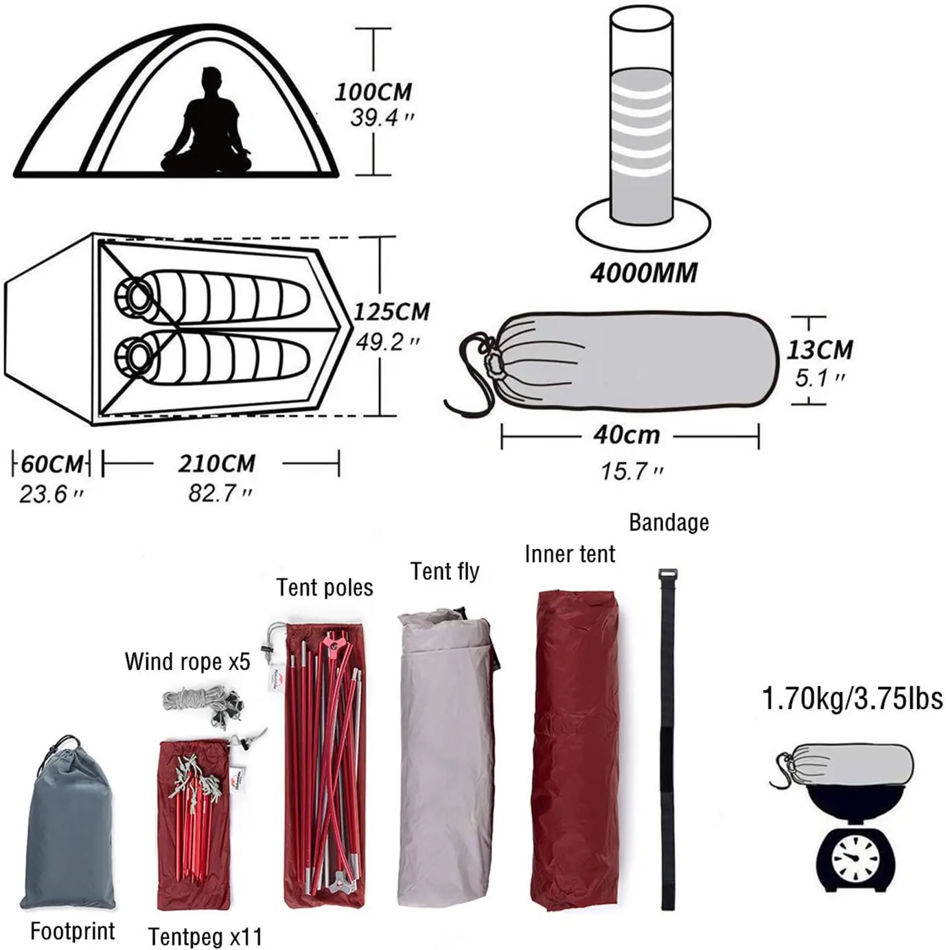 WOQI 2 person lightweight backpack tent and footprint   independent dome camping hiking waterproof backpack tent