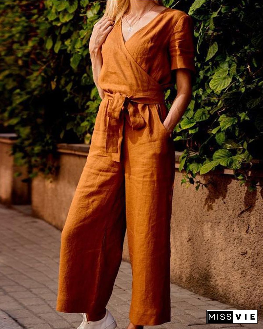 Paneled Solid Cross Front V-neck Casual Jumpsuit