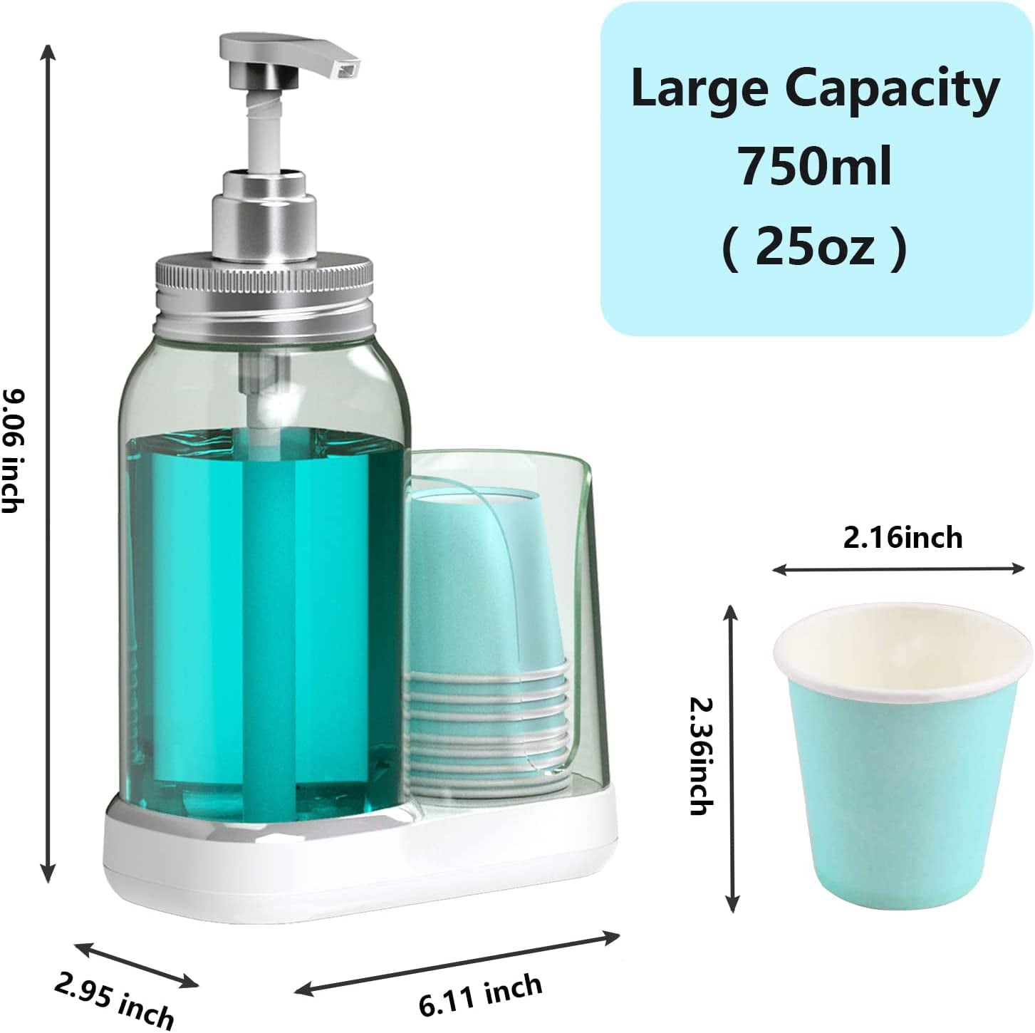 WhiteRhino 25oz Mouthwash Pump Dispenser， Clear Mouthwash Container with Cup Holder， Refillable Round Bottles， Mouthwash Decanter with 8 Piece 4oz Paper Cup， for Bathroom， Countertop， Cupboard