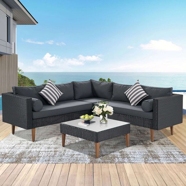 4-pieces Outdoor Wicker L-shape Sofa Set with Colorful Pillows - Overstock - 37437726