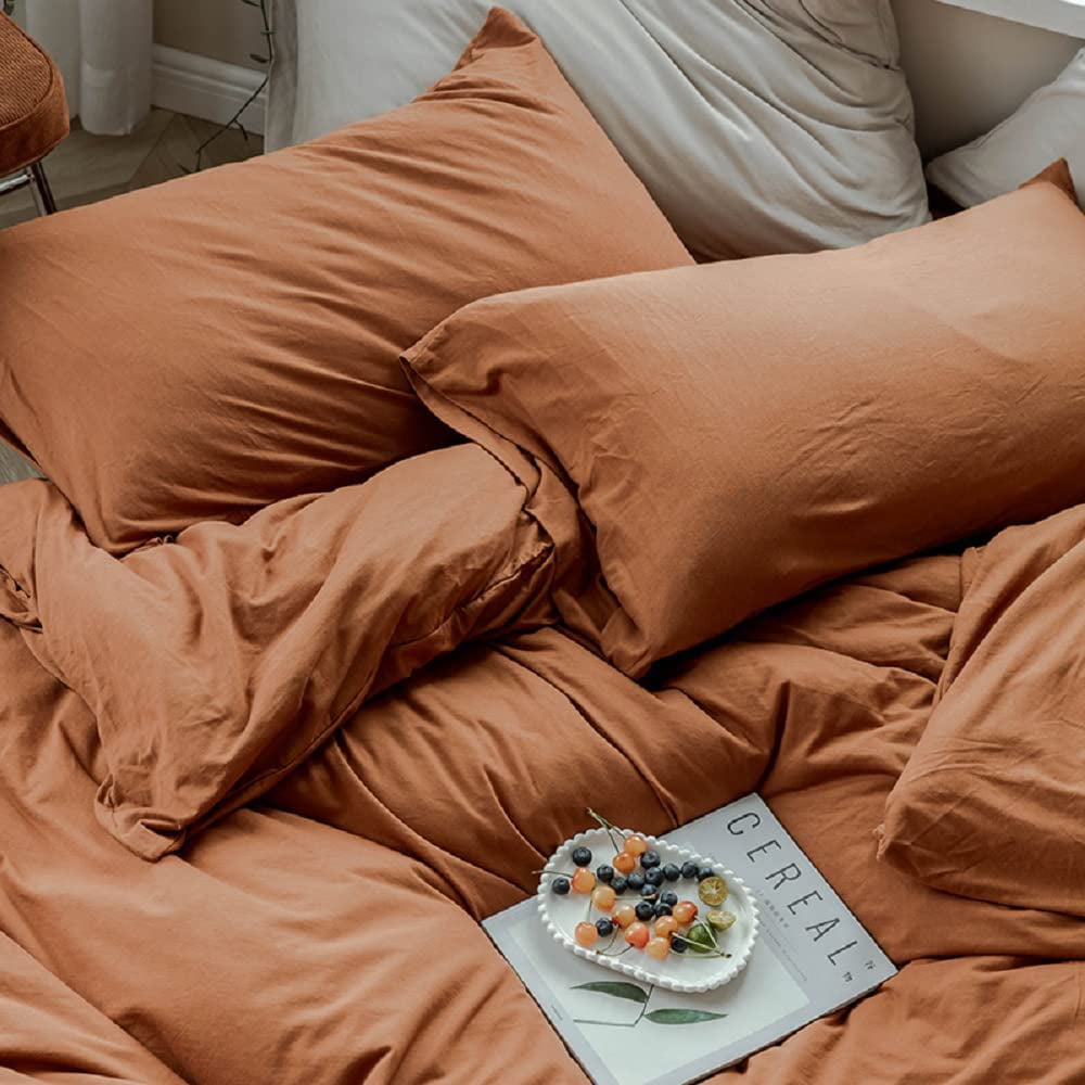 MKXI Caramel Pumpkin Duvet Cover Twin Size，Solid Brown Bedding Set，Soft Jersey Cotton Simple Bedroom Collection，Solid Color Adults Bedding