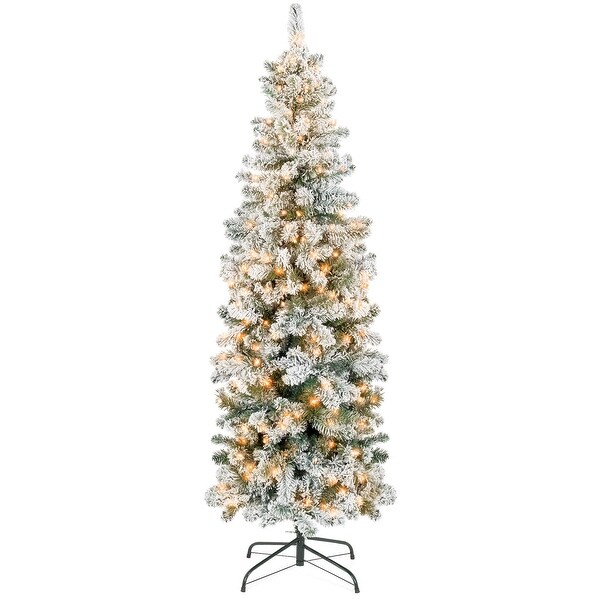 Flocked Pencil Christmas Tree，PreLit Slim Artificial Holiday Decoration，6ft Lighted Skinny w/Base，Warm White Lights