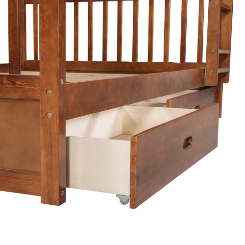 Wood Full Over Full Bunk Bed with Two Storage Drawers and Ladders for Kids Adults,Walnut