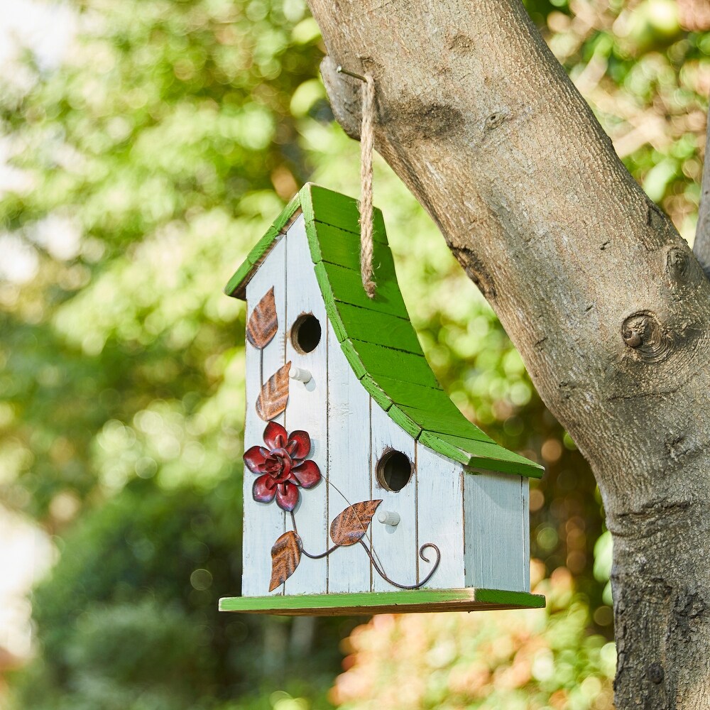 Glitzhome 13''H Distressed Solid Wood Birdhouse with flowers   13\