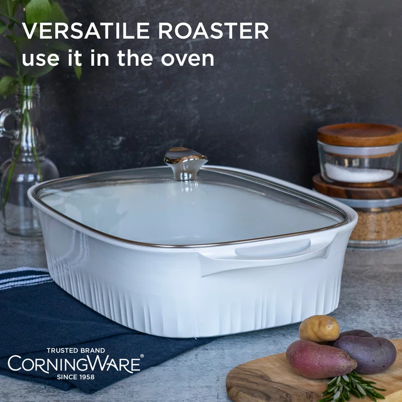 CorningWare 1143458 Non-Stick 5.7 Quart QuickHeat Roaster with Lid， French White