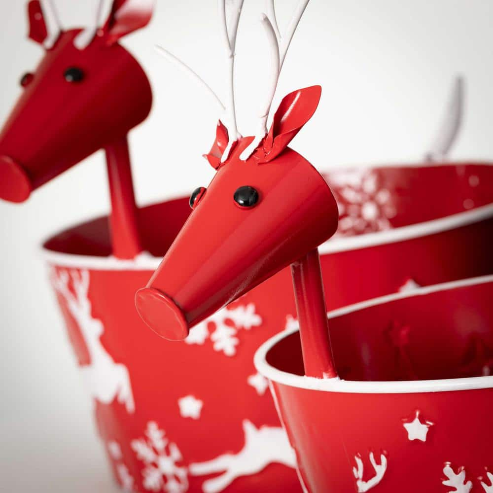 SULLIVANS 15.5 in. and 18 in. Embellished Red Reindeer Christmas Pots Set of 2 Red and White MET2362