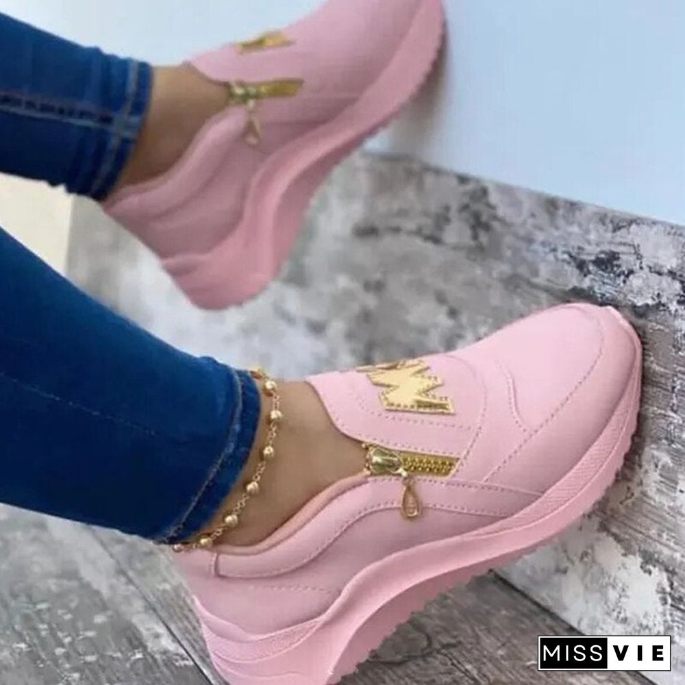 Women Sport Shoes Thick Bottom Solid Ladies Vulcanized Sneakers Casual Wedges Slip On Zipper Shoes Women Platform Sneakers