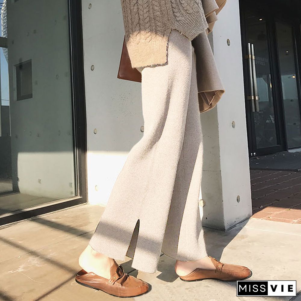 Knit Loose Straight Slit Pants