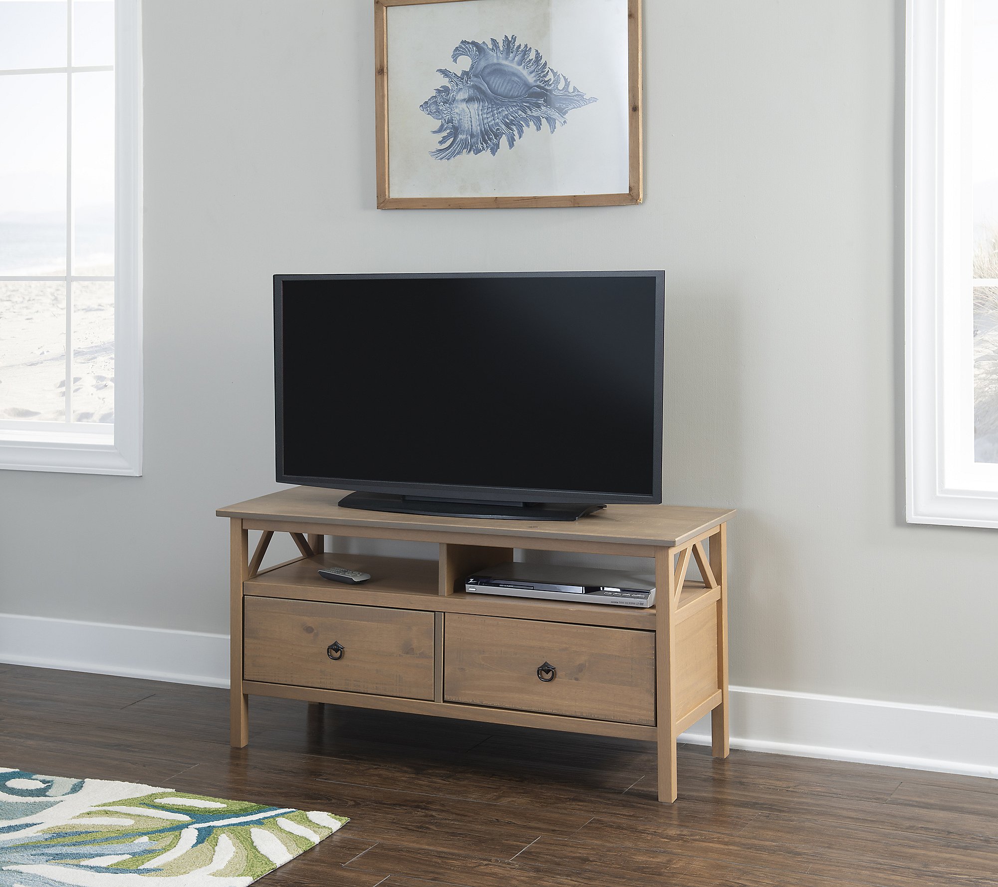 Linon Home Hollis Driftwood TV Stand W  Open Shelf and 2 Drawers