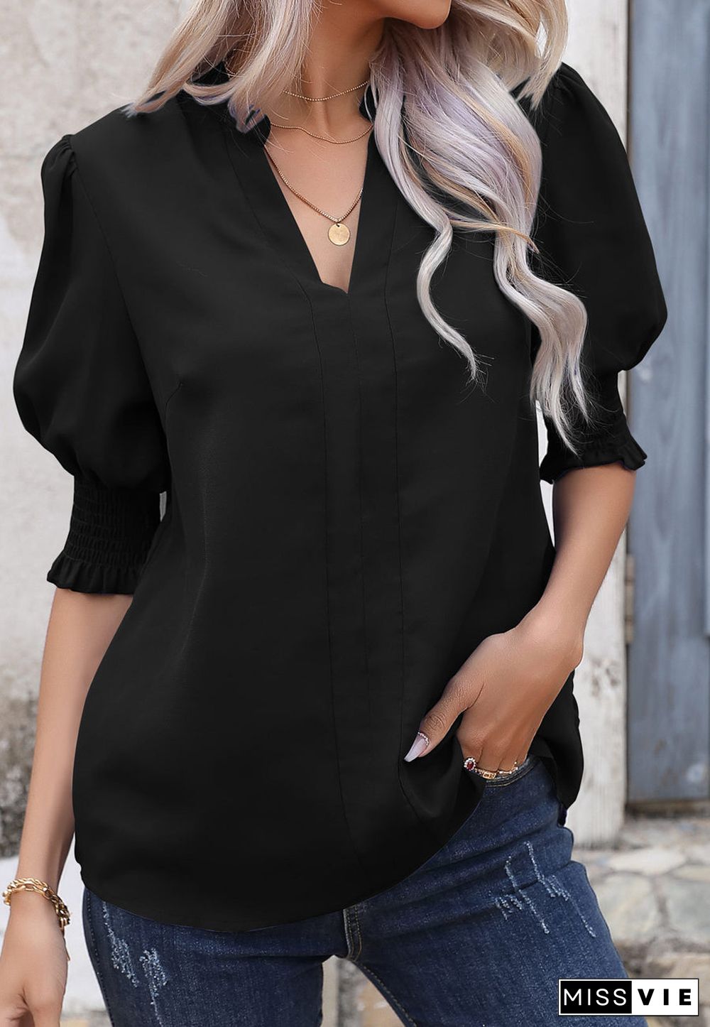 Back Pleat Puff Sleeve Blouse