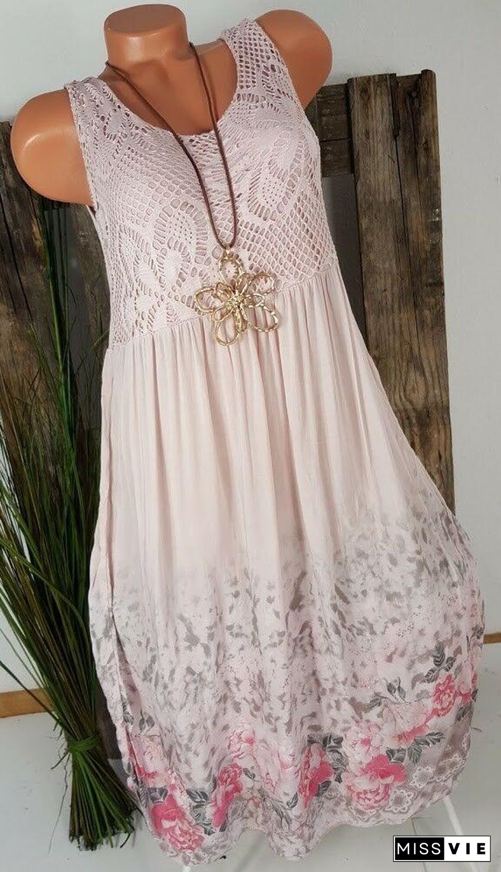 Women Sleeveless Lace Floral Printed Dress