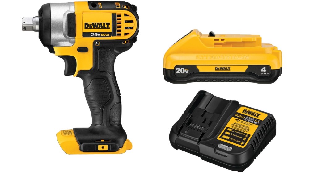 DEWALT 20V MAX 1/2 Impact Wrench with Compact 4Ah Battery Starter Kit Bundle ;