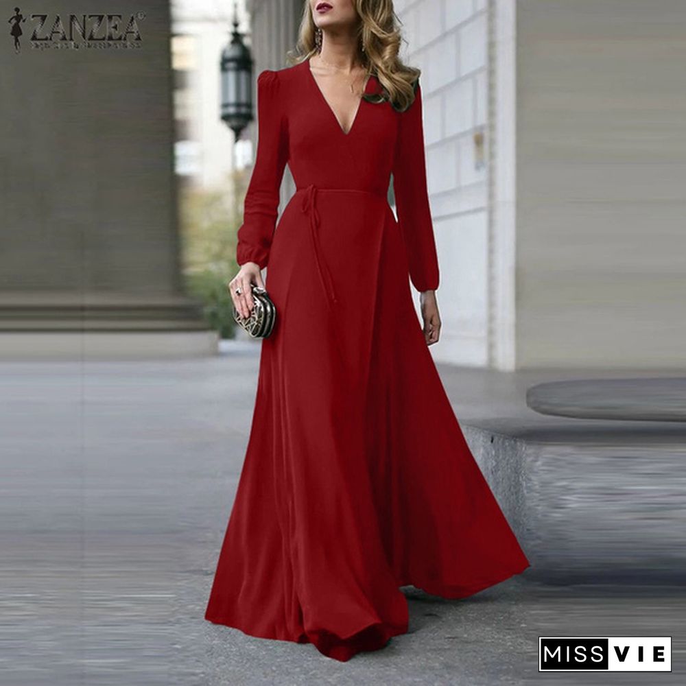 ZANZEA Autumn Long Sleeve Maxi Dresses Women Sexy Deep V Neck Bohemian Party Wedding Dress