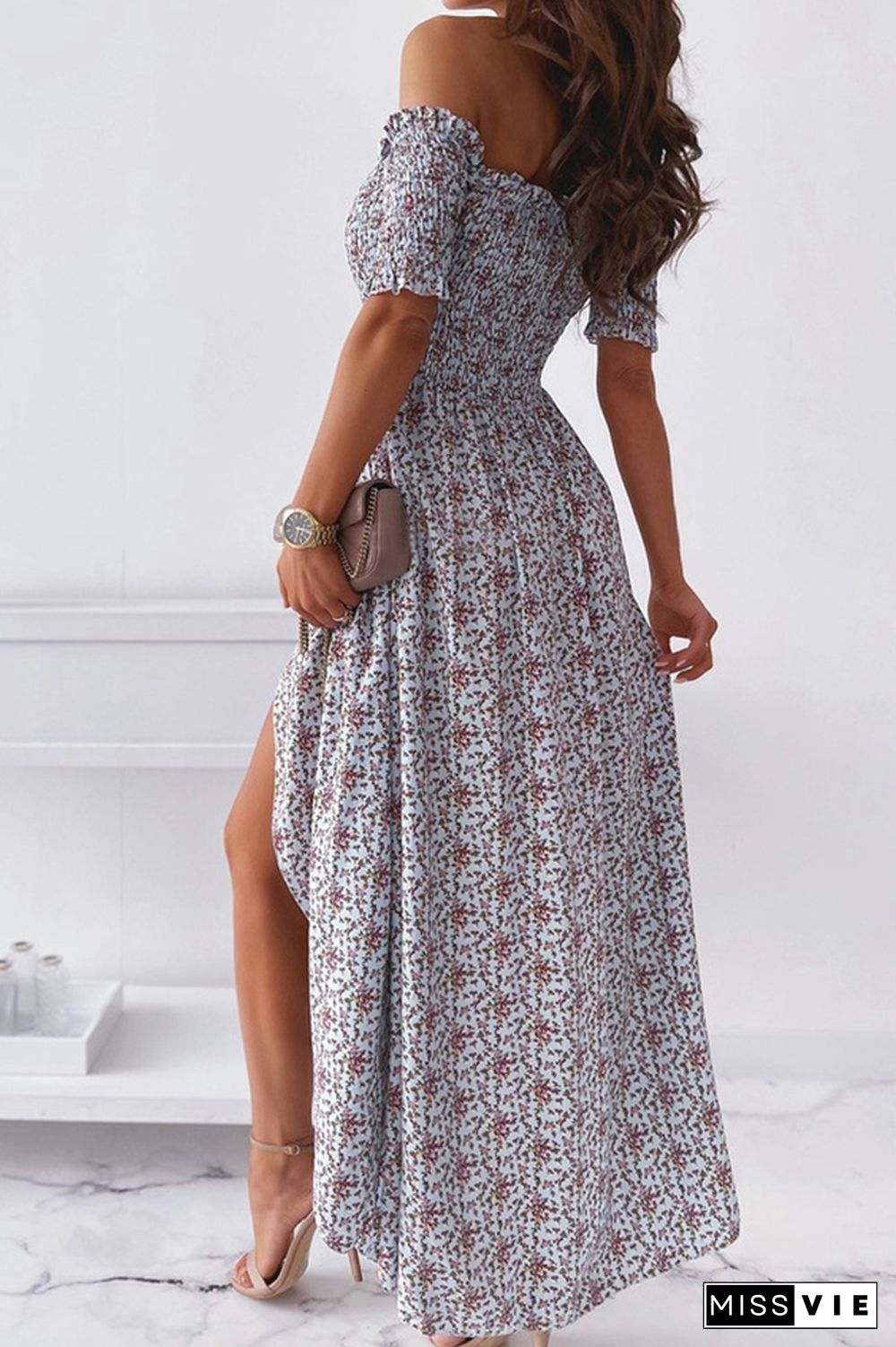 Floral Print Off Shoulder Long Split Dress Wholesale