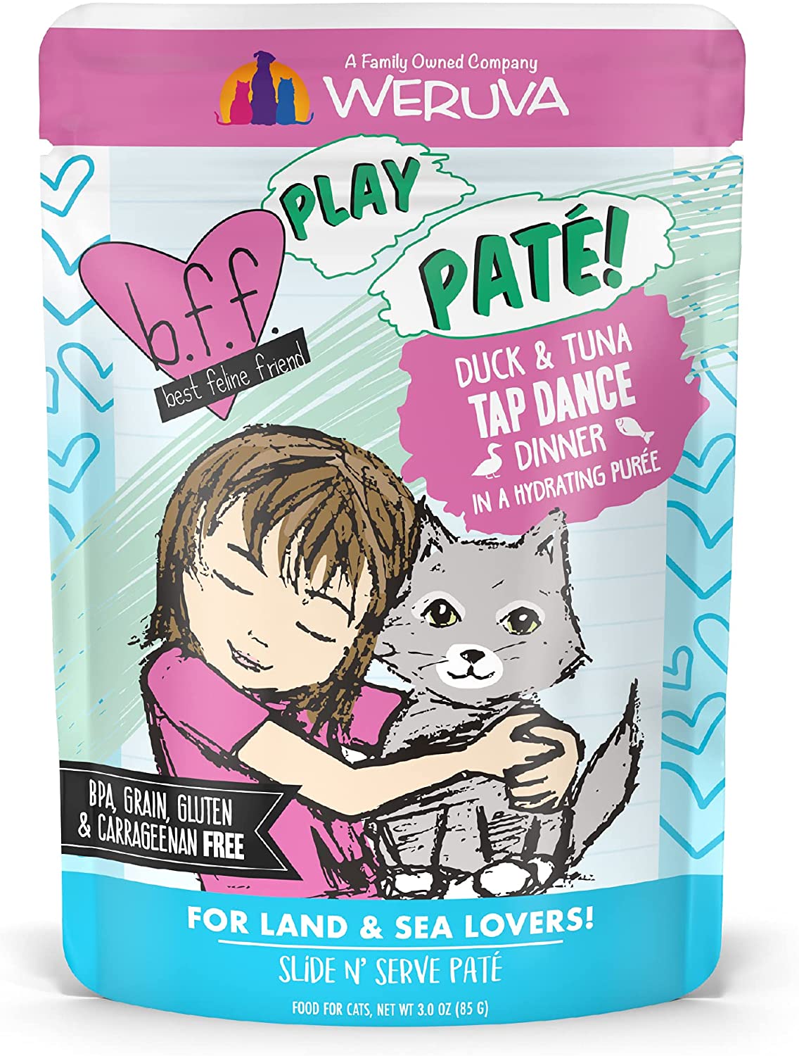 Weruva Wet Cat Food B.F.F. PLAY - Best Feline Friend Paté Lovers， Aw Yeah!， Duck and Tuna Tap Dance with Duck and Tuna， 3oz Pouch (Pack of 12)