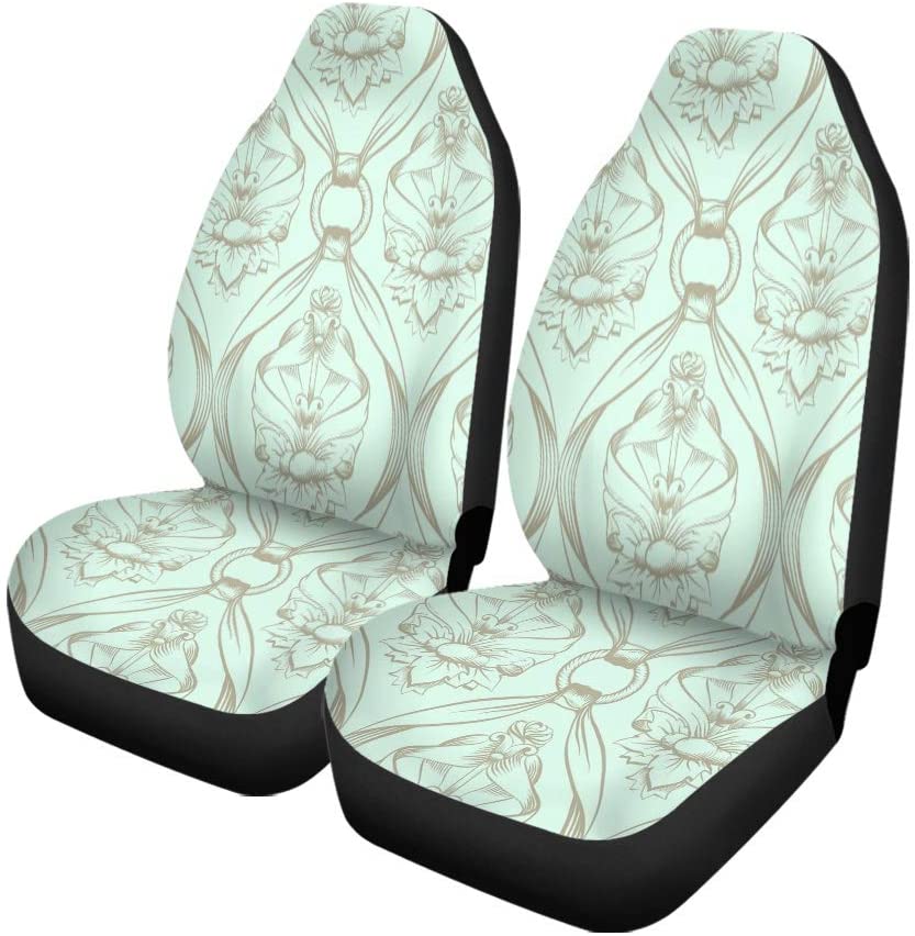 ZHANZZK Set of 2 Car Seat Covers Green Abstract Pattern Antique Baroque Beautiful Black Carpet Curve Universal Auto Front Seats Protector Fits for Car，SUV Sedan，Truck