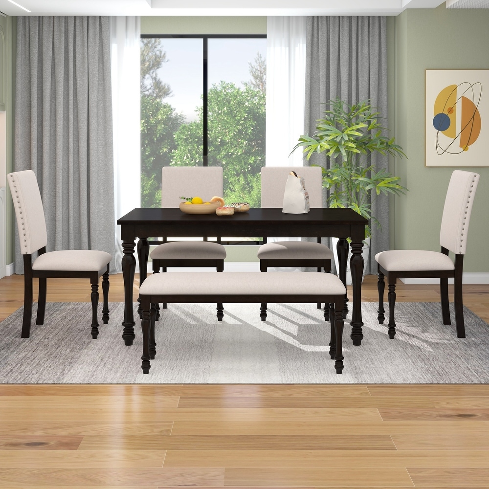 6 Piece Dining Table Set  Modern Rectangular Kitchen Dining Table Set  4 Upholstered Dining Chairs and Bench  for Dining Room