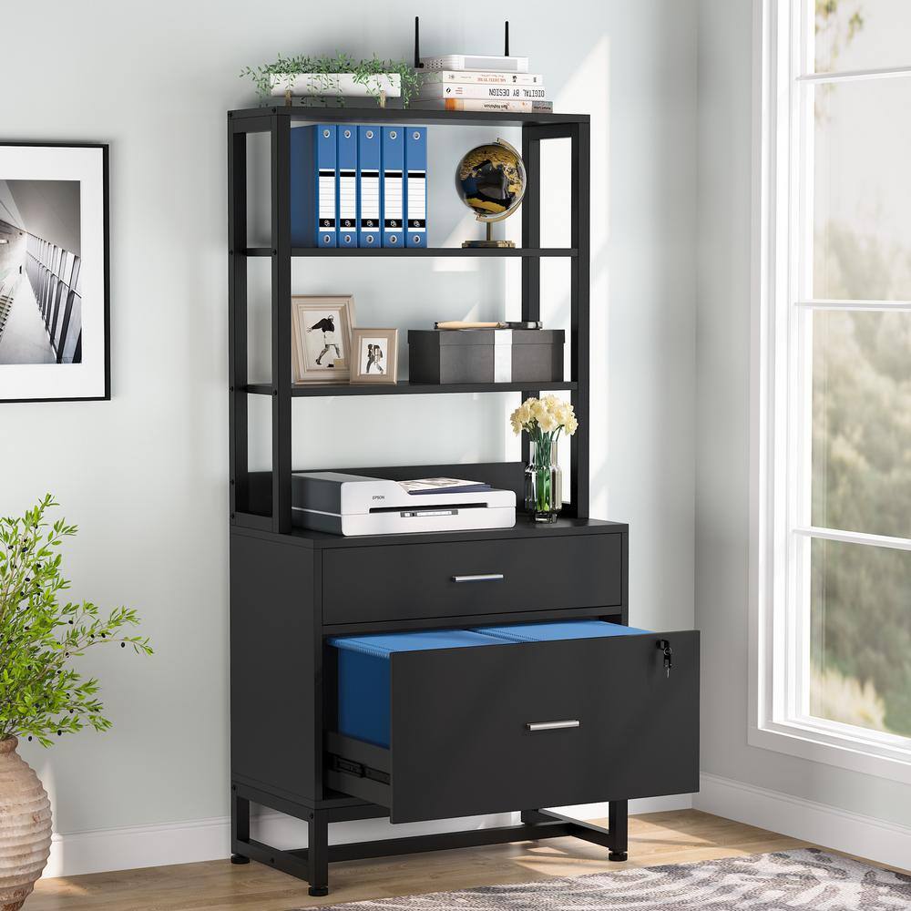 BYBLIGHT Atencio Black 2-Drawer Vertical File Cabinet with Lock and Open Bookshelf BB-C0575XL