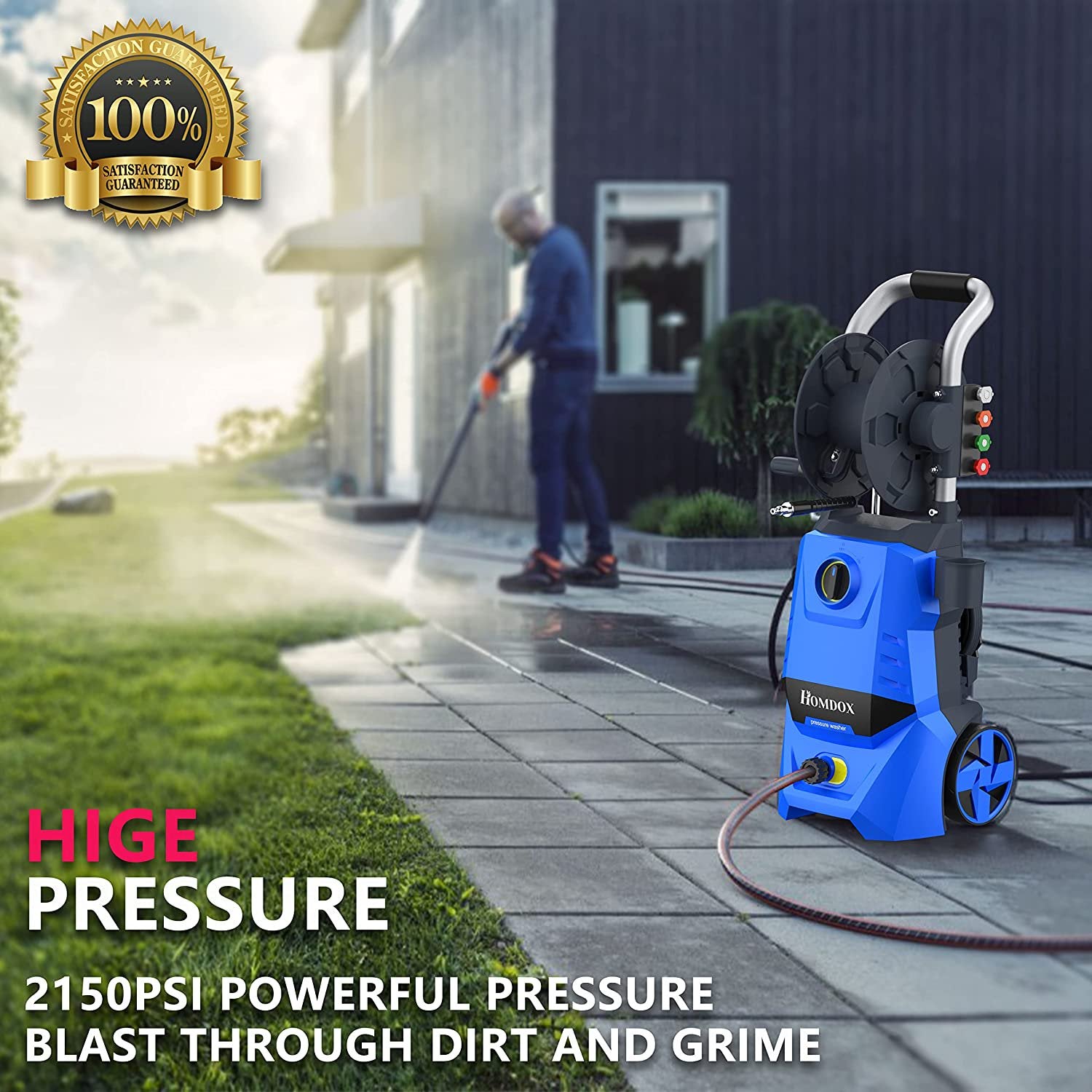 Electric Pressure Washer, 2.3 GPM Pressure Washer 1700W High Power Washer Cleaner Machine with 4 Nozzle Foam Cannon & Hose Reel for Cars,Homes,Driveways,Patios(Blue)