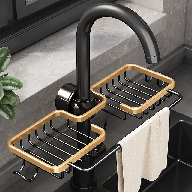 Kitchen Storage Rack Faucet Rack Black Gold Household Sink Dishwashing Sponge Rag Drain Water Hanging Basket Sink