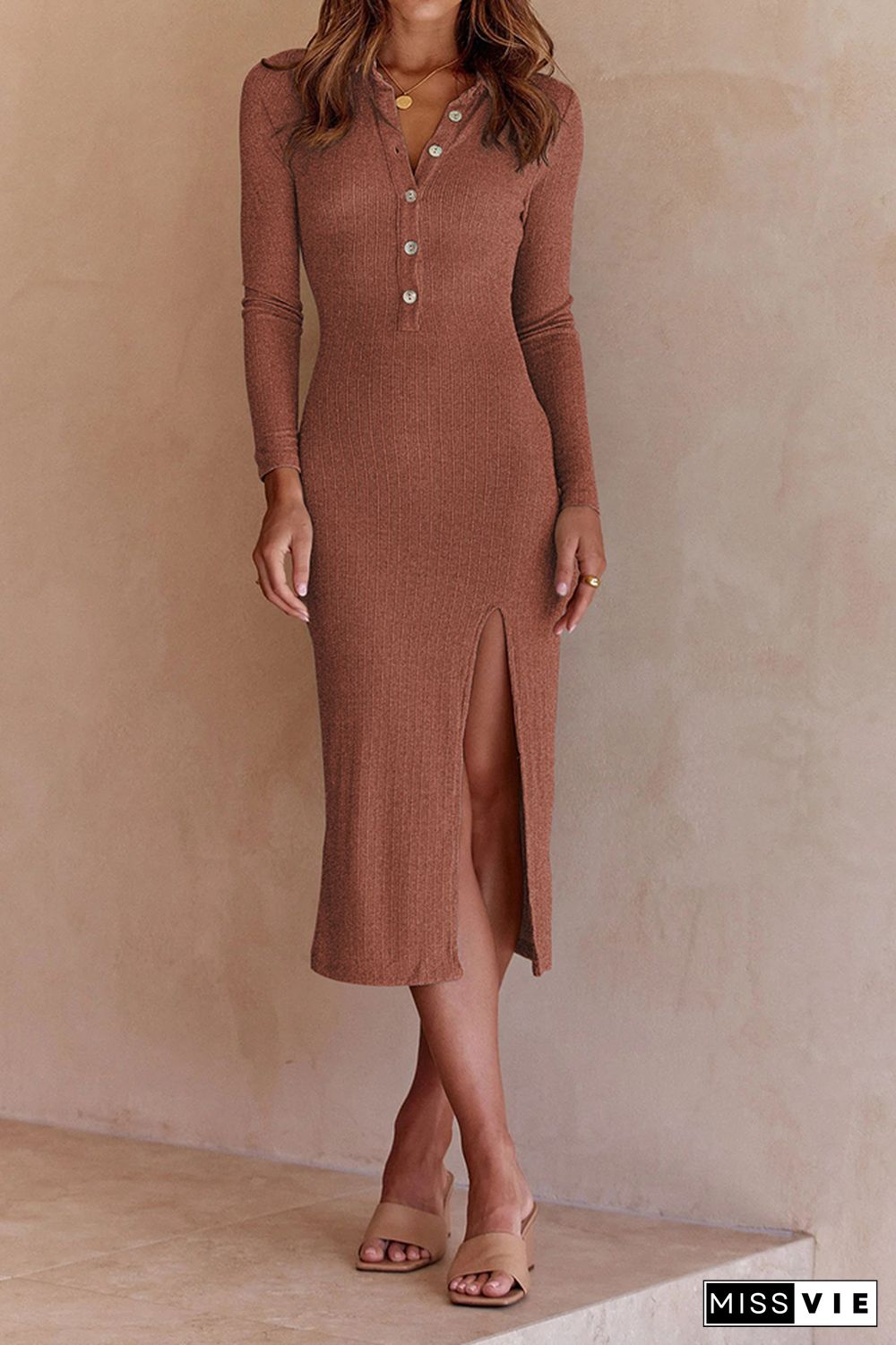 Button Down Split Knit Long Sleeves Midi Dress