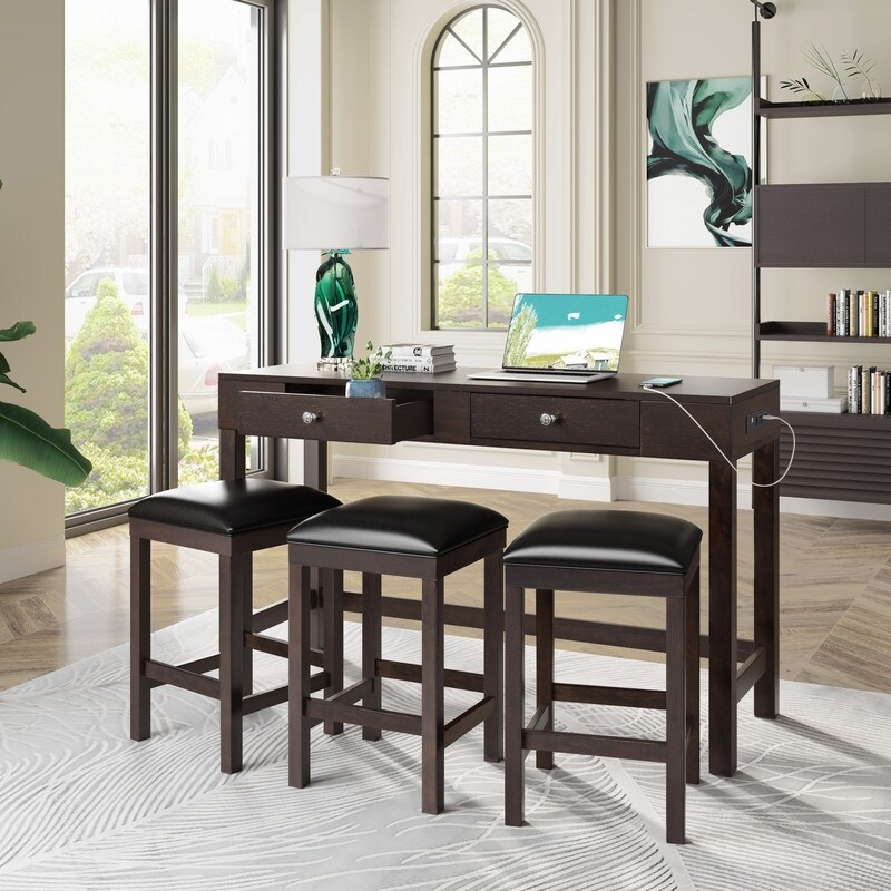 4 Piece Counter Height Table Set with Socket  Dining Table and 3 Leather Padded Stools with 2 drawers for Dining Room