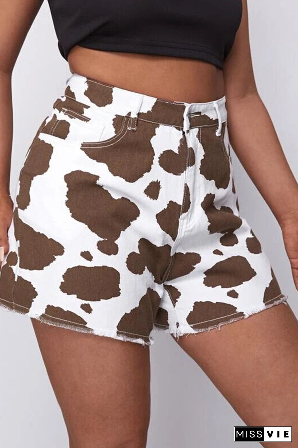 Cow Print High Waist Denim Shorts