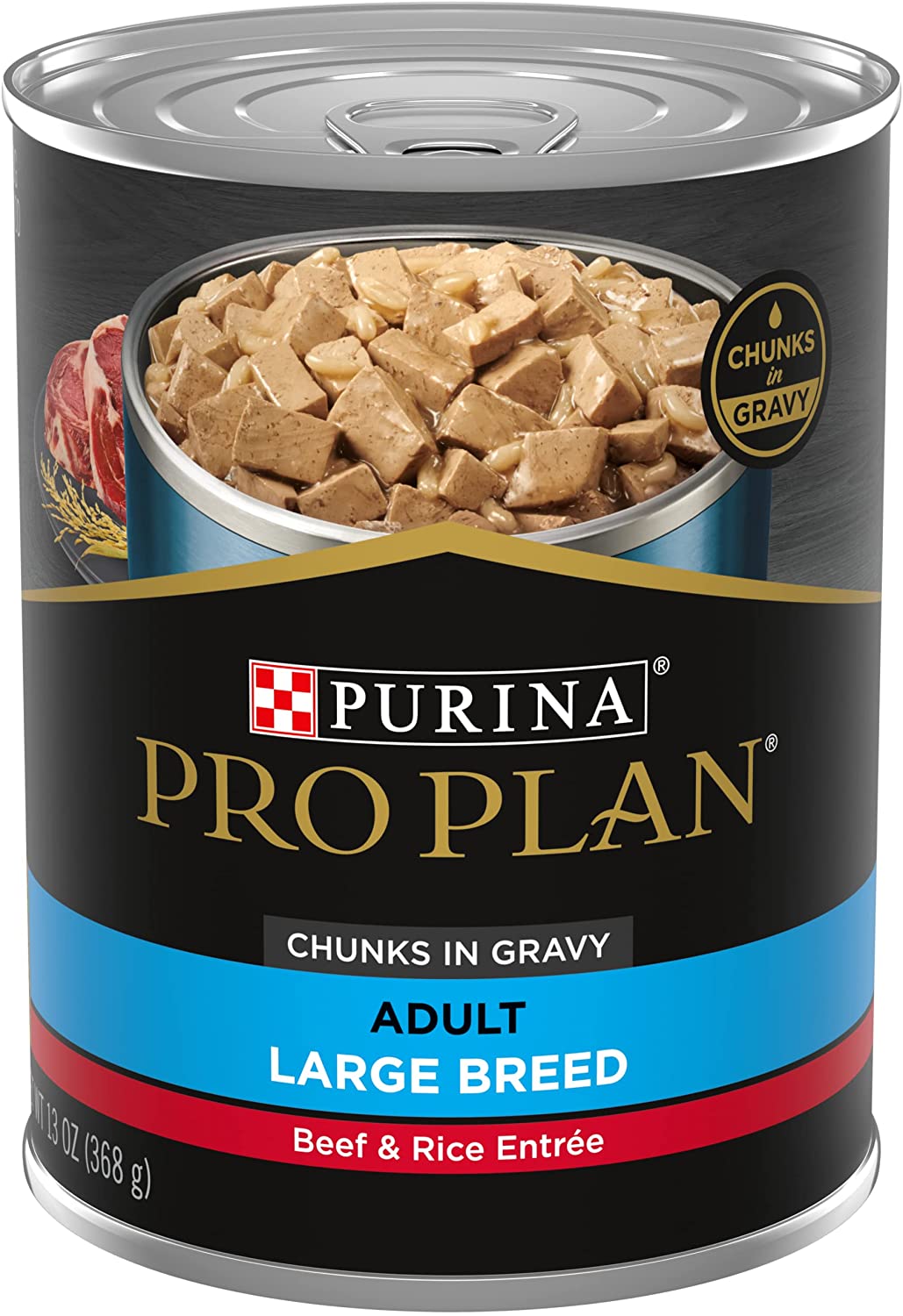 Purina Pro Plan Gravy Wet Dog Food for Large Dogs， Large Breed Beef and Rice Entree - (12) 13 oz. Cans