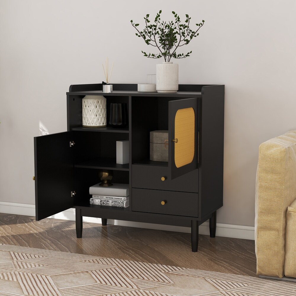 Sideboard with 2 Woven Cane Doors，2 Drawers and 1 Storage Shelf