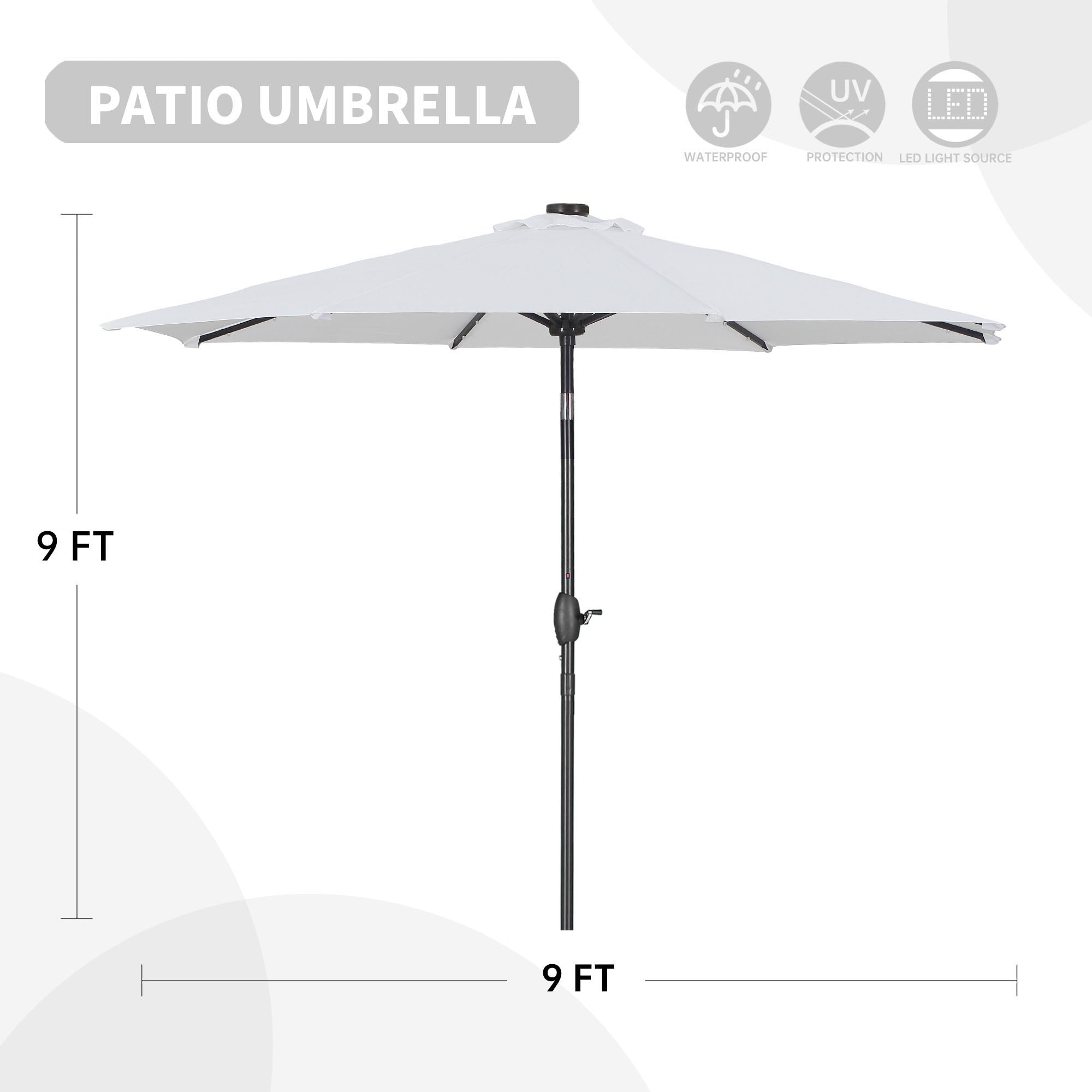 Autlaycil 9ft Solar Patio Umbrellas LED Patio Market Steel Tilt w/ Crank Outdoor, White