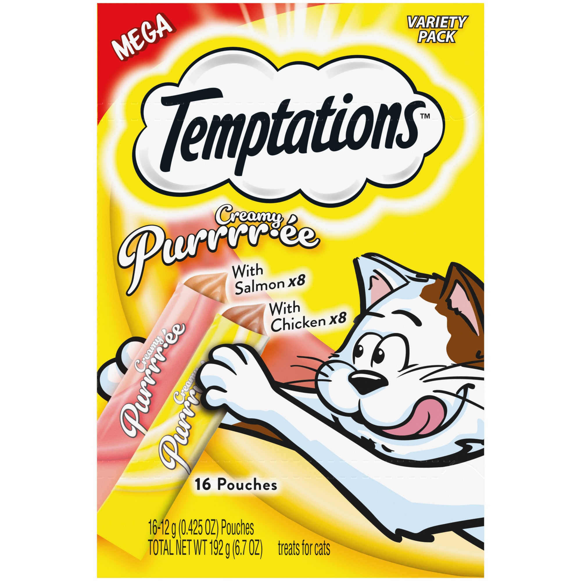 Temptations Creamy Purrrr-ee Variety Pack with Salmon and Chicken Cat Treats， 6.7 oz.， Count of 16