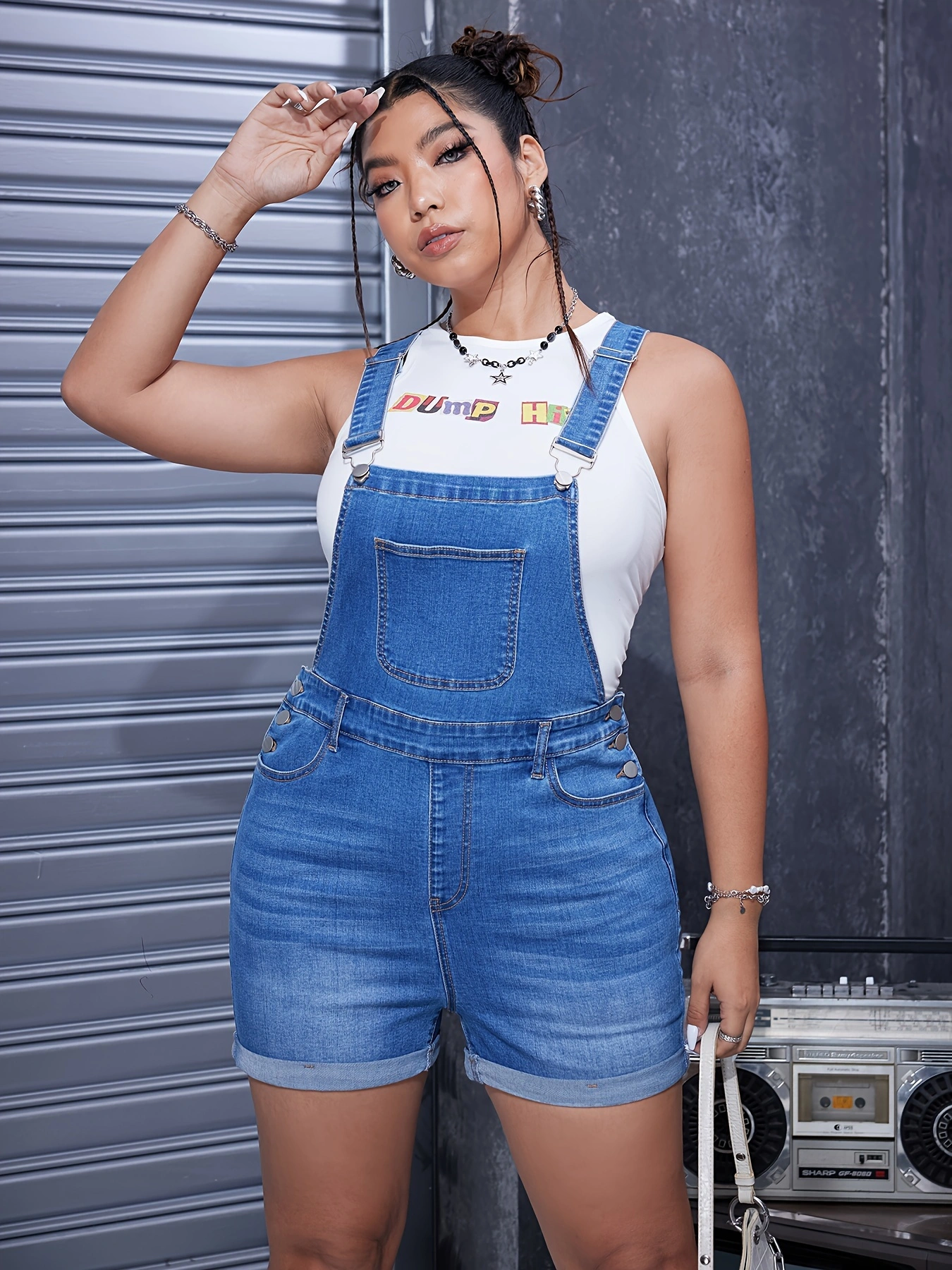 Plus Size Womens Off the Shoulder Denim Romper Shorts - Adjustable Strap, Pockets, Medium Stretch, Solid Color, Casual Summer Streetwear with Sleeveless Design