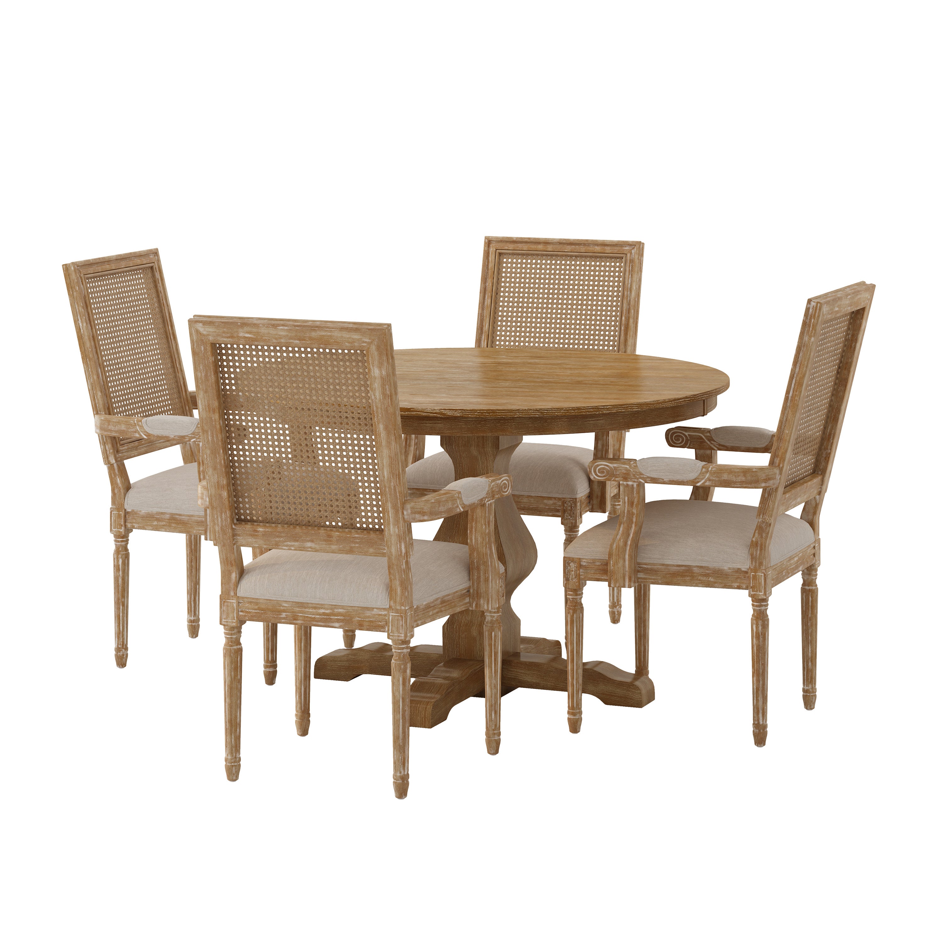 Joretta French Country Fabric Upholstered Wood and Cane 5 Piece Circular Dining Set