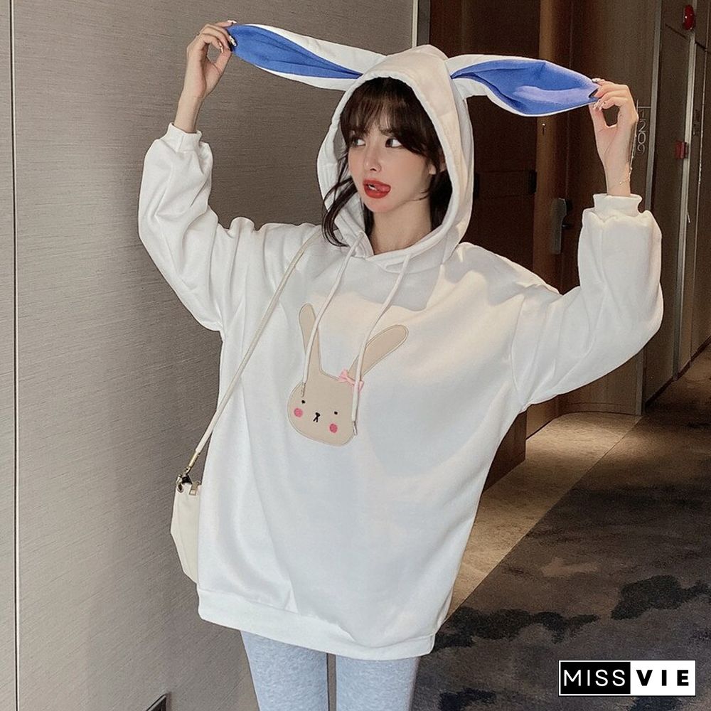 Winter Kawaii Rabbit Hooded Sweatshirt Women Preppy Style White Hoodies Female Oversize Pullover Tops Clothes For Teens