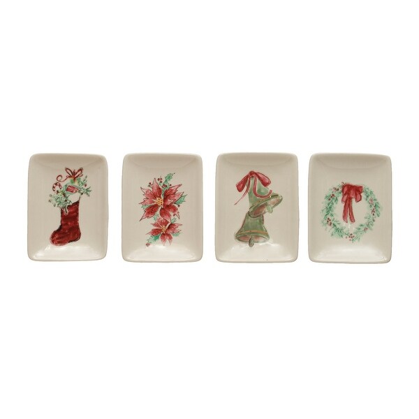 Stoneware Dish with Greenery/Holiday Image，Set of 4