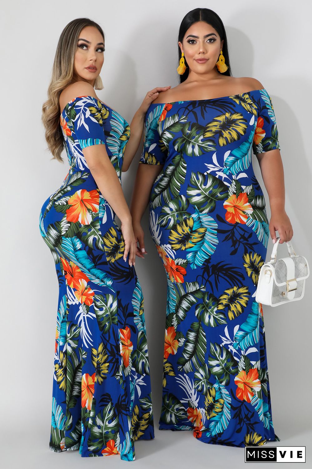 Green Off-the-shoulder Floral Print Plus Size Maxi Dress