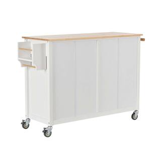 Whatseaso 54.3 in. Spice Rack Towel Rack White Kitchen Island with Solid Wood Top and Locking Wheels 4-Door Cabinet and 2-Drawers LNN-K110502013