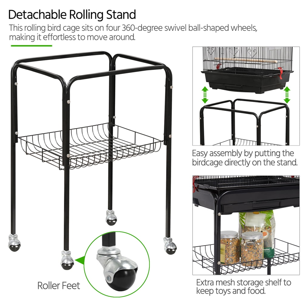 Topeakmart 64''H Open Top Metal Birdcage Rolling Parrot Cage with Detachable Stand， Black