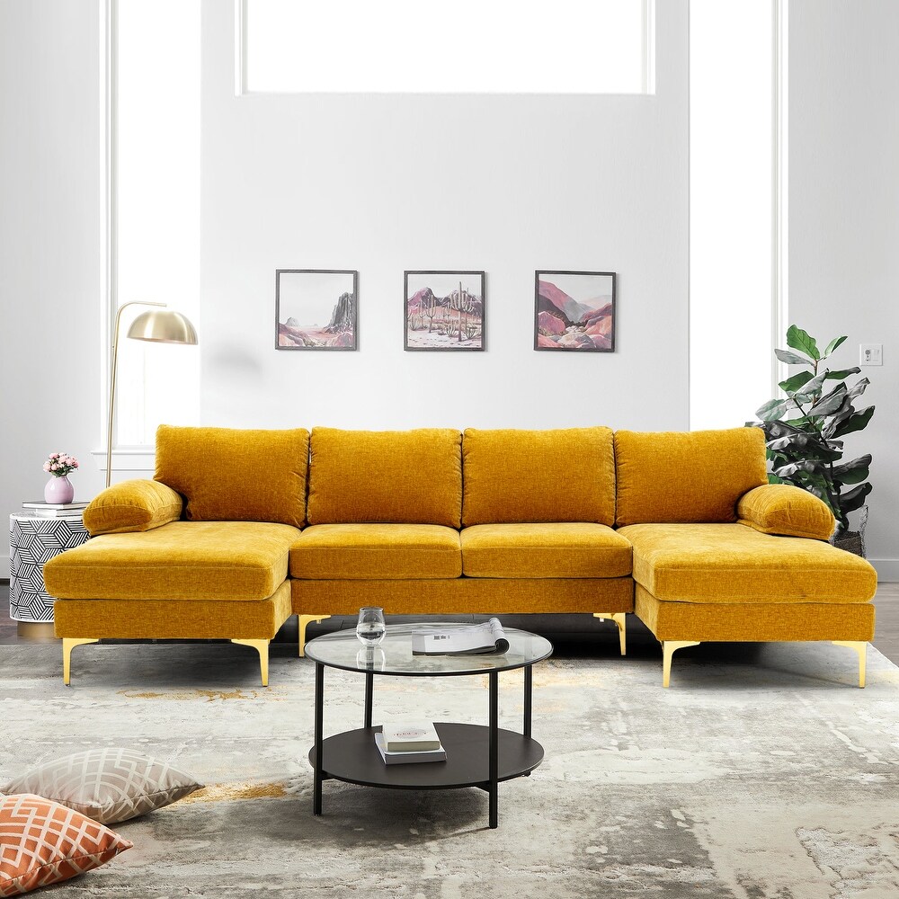 Polyester Upholstered U shaped Stationary Sectional Sofa With Wood Legs