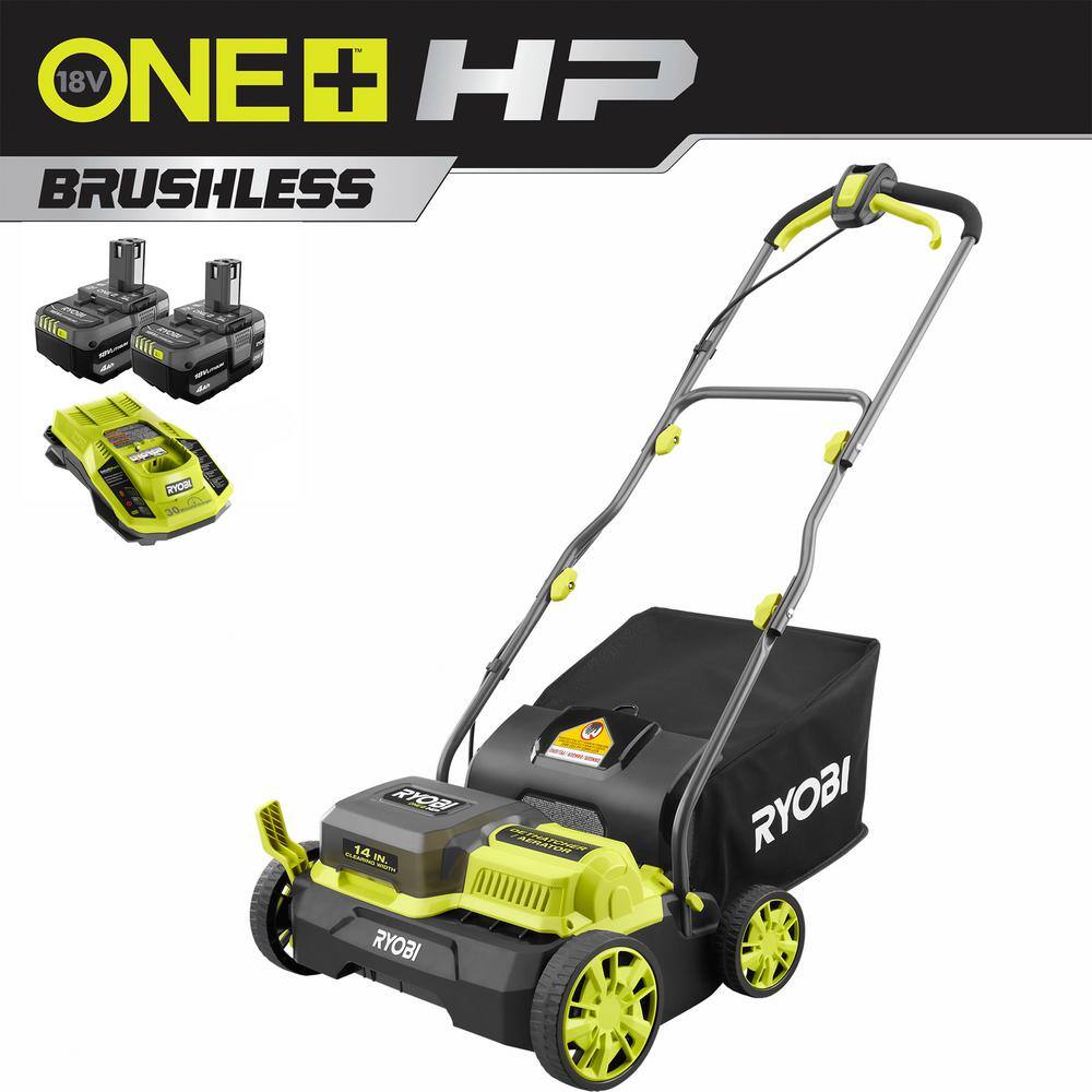 RYOBI ONE+ HP 18V Brushless 14 in. Cordless Battery DethatcherAerator with (2) 4.0 Ah Batteries and Charger P2740