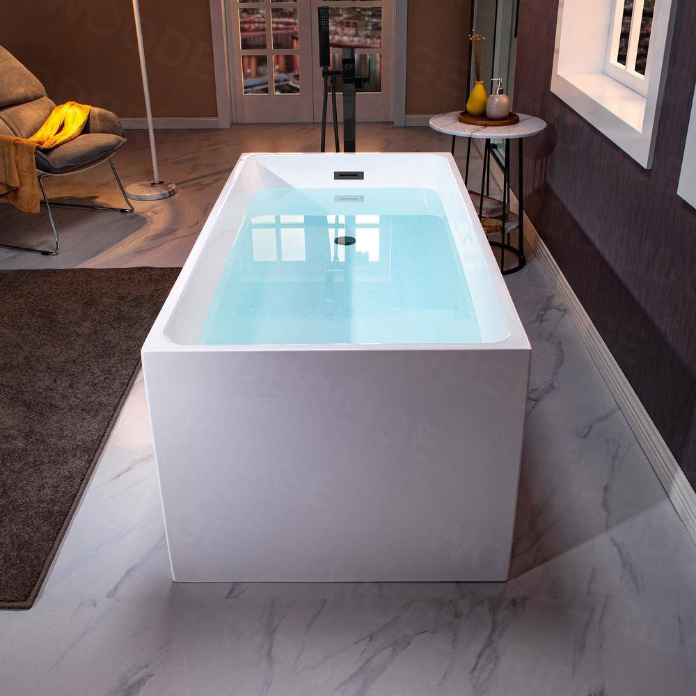 WOODBRIDGE Ahri 59 in. Acrylic Flatbottom Rectangle Bathtub with Matte Black Overflow and Drain Included in White HBT5897