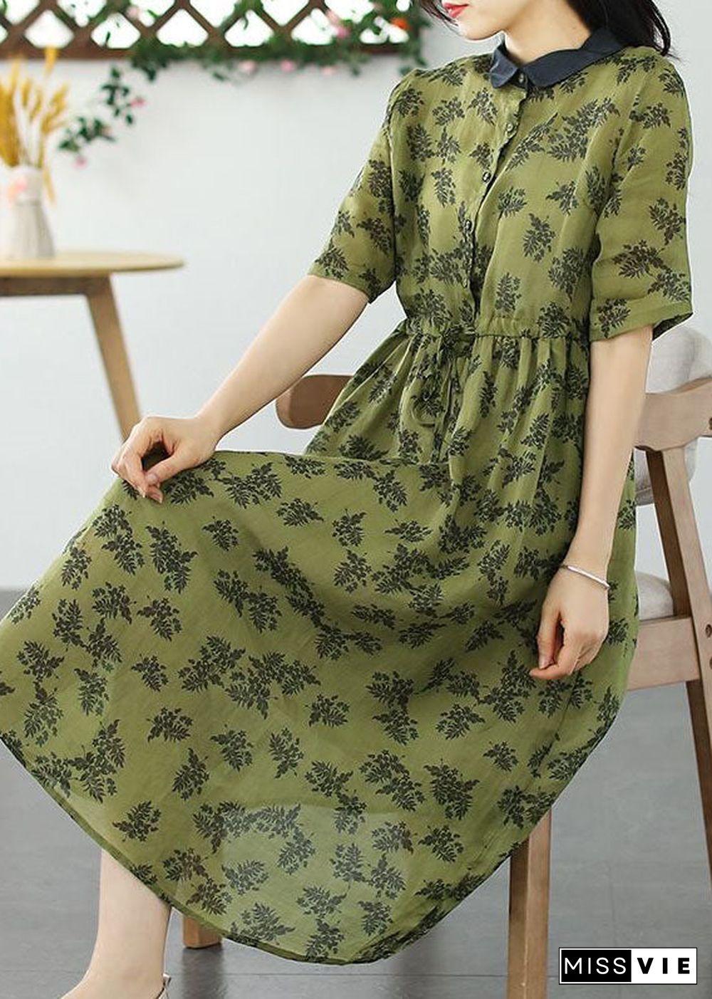 French Grass Green Peter Pan Collar Print Patchwork Linen Dresses Summer