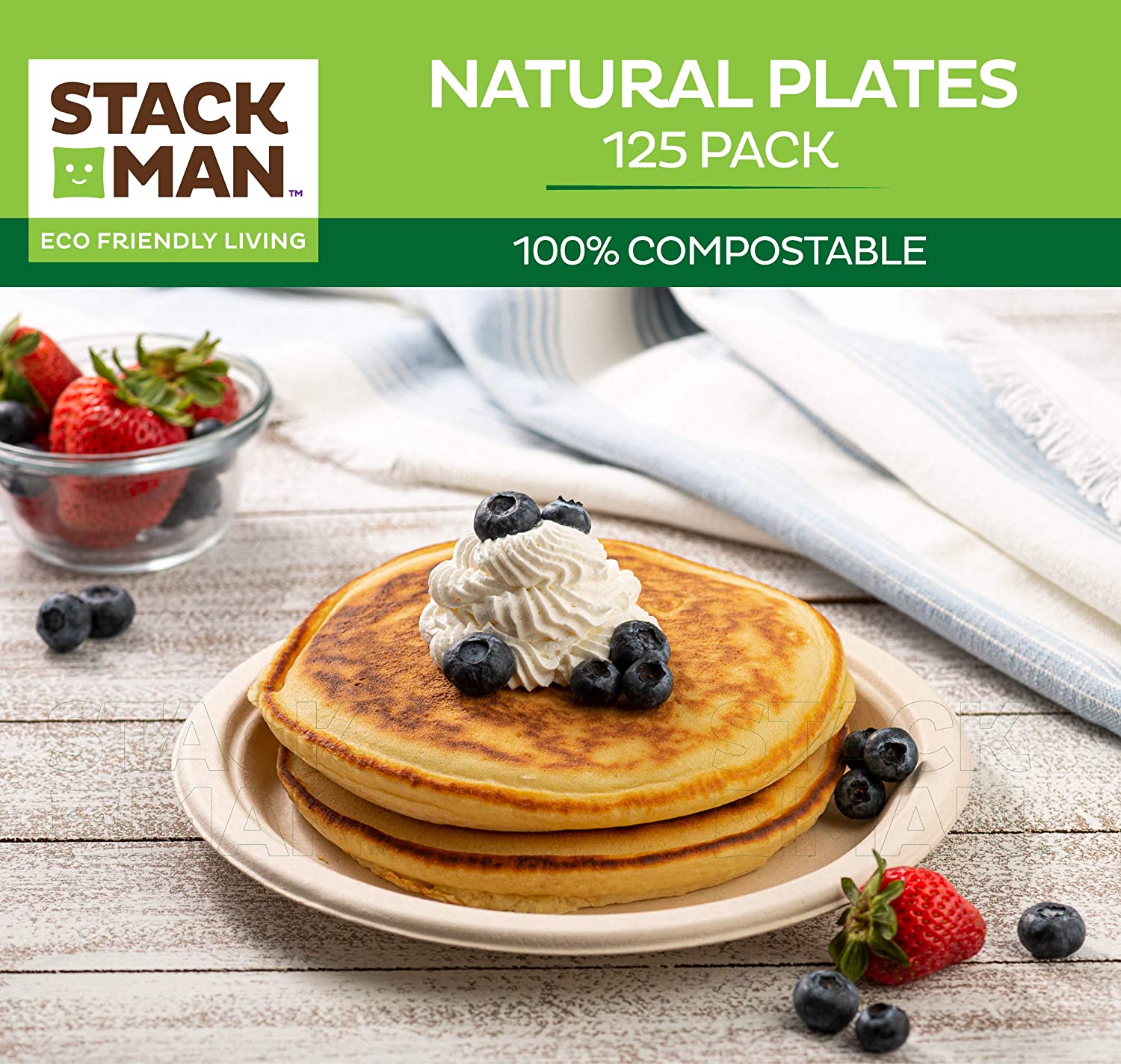 Stack Man 100% Compostable 12 oz. Paper Bowls [125-Pack] Heavy-Duty Quality Natural Disposable Bagasse