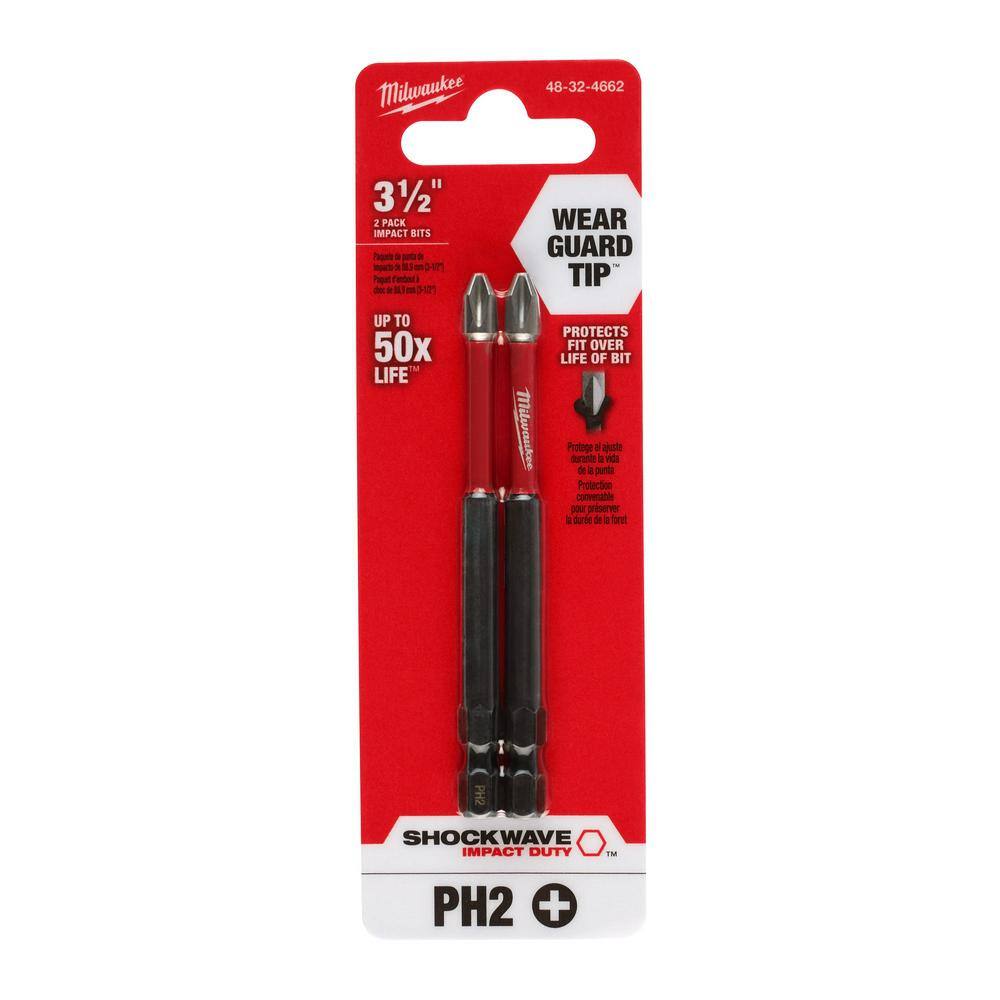 MW SHOCKWAVE Impact Duty 3-12 in. Phillips #2 Alloy Steel Screw Driver Drill Bit (2-Pack) 48-32-4662