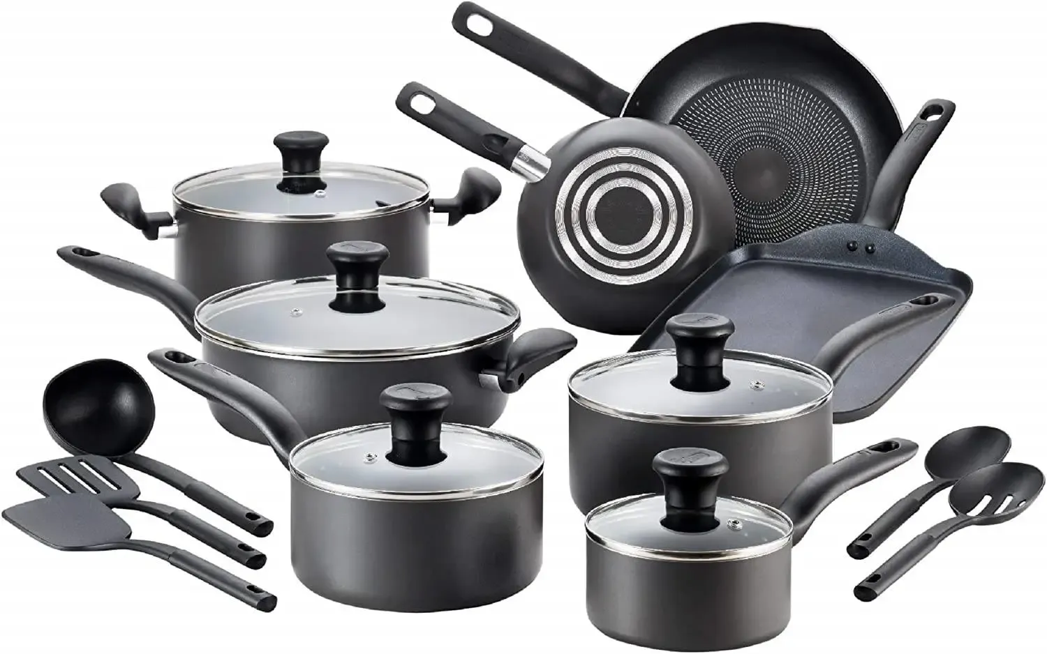 Initiatives Nonstick Cookware Set 18 Piece Pots and Pans, Dishwasher Safe Black