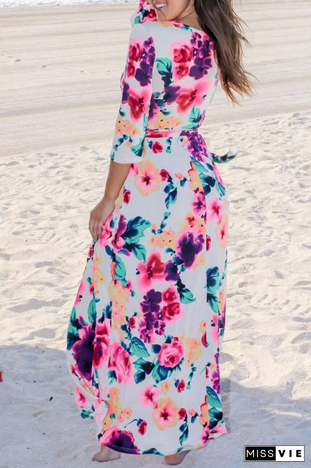 Mixed Color Flower Printed V Neck Maxi Dress