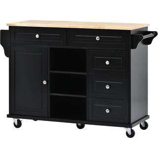 Black Kitchen Island with Wheels Large Storage and Adjustable Shelves Q003-AAB