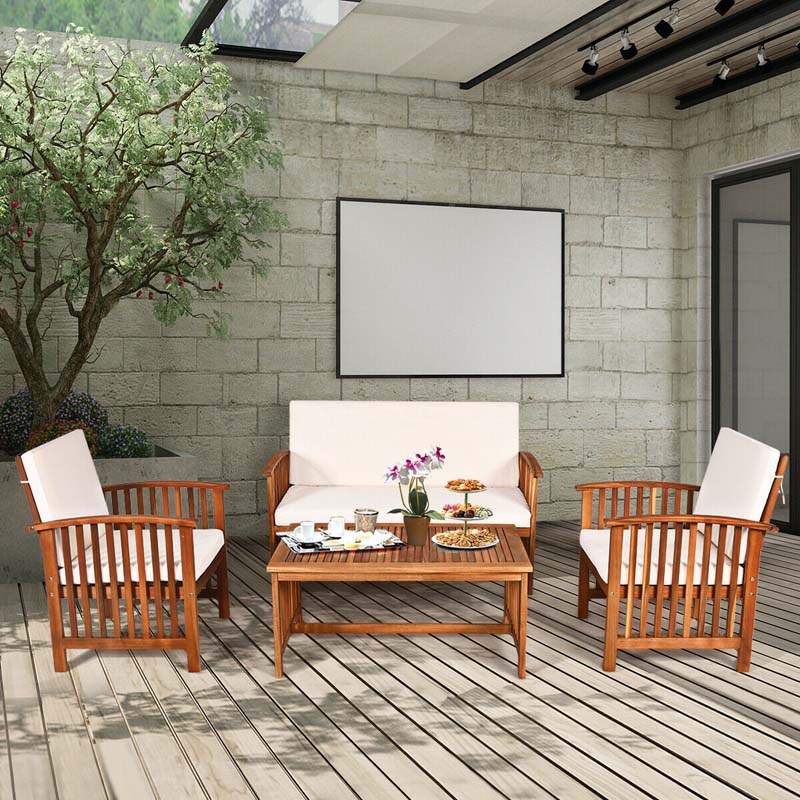 4 Pcs Outdoor Acacia Wood Sofa Set Patio Conversation Furniture Set with Cushions & Coffee Table