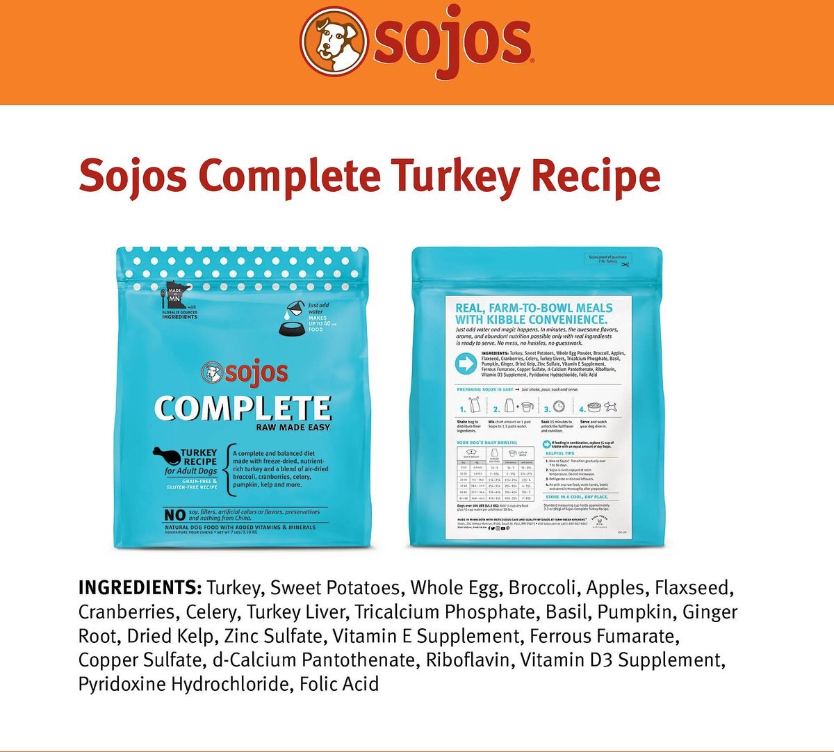 Sojos Complete Turkey Recipe Adult Grain-Free Freeze-Dried Dehydrated Dog Food