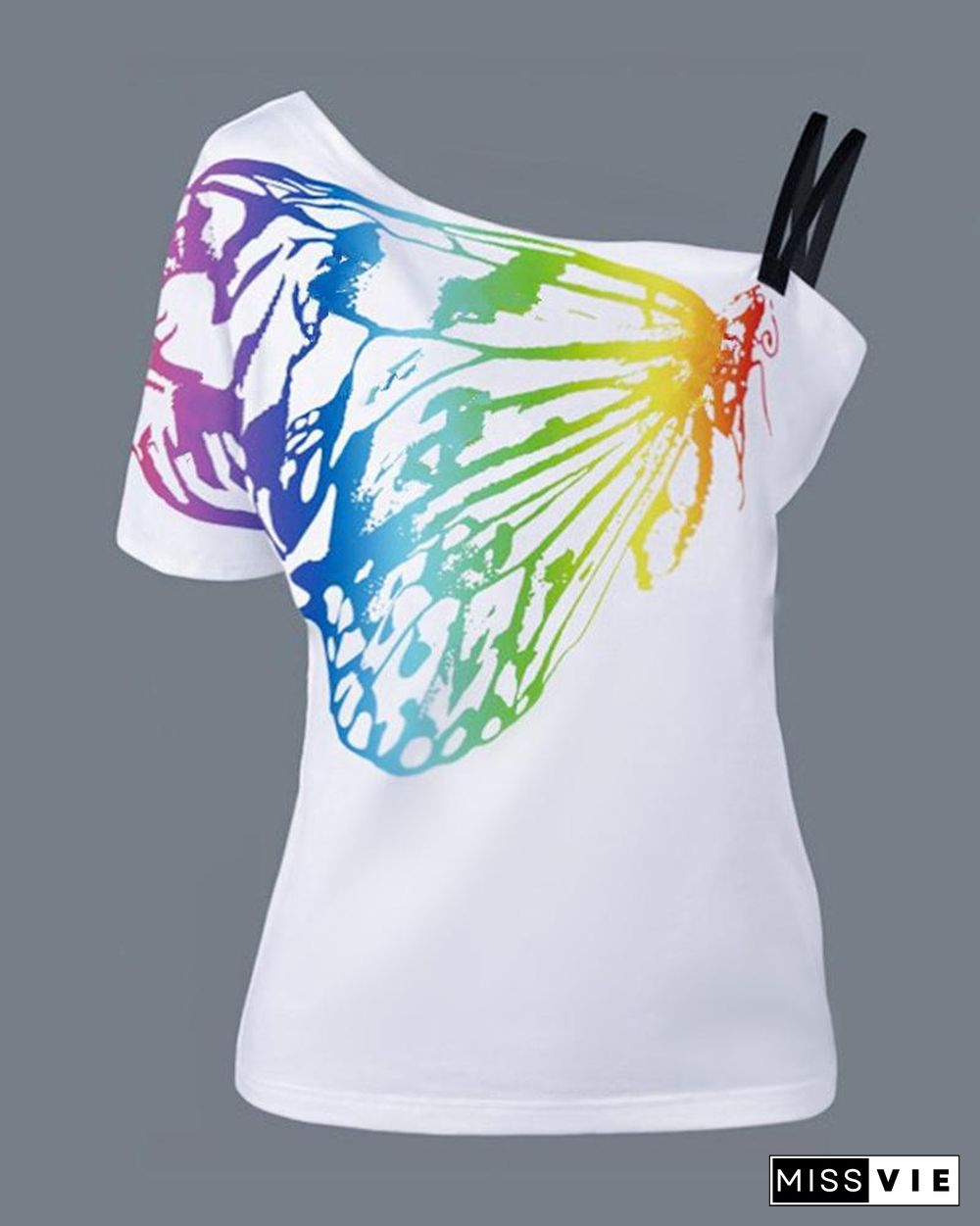 One Shoulder Butterfly Print Casual T-shirt P13715